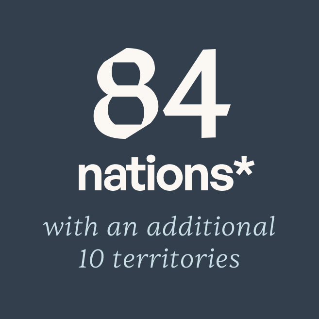 84 Nations with an additional 10 territories.